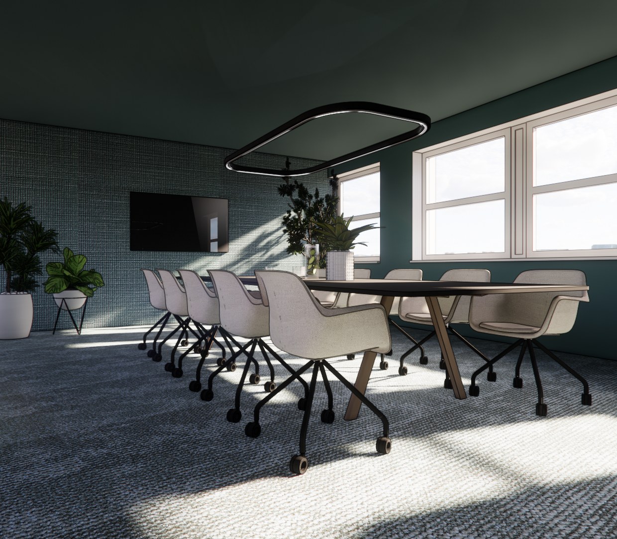 Vergaderruimte met donkergroene wand en ovale tafel
