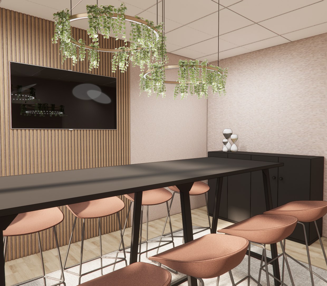 Hoge tafel met barkrukken en een groene lichtarmatuur