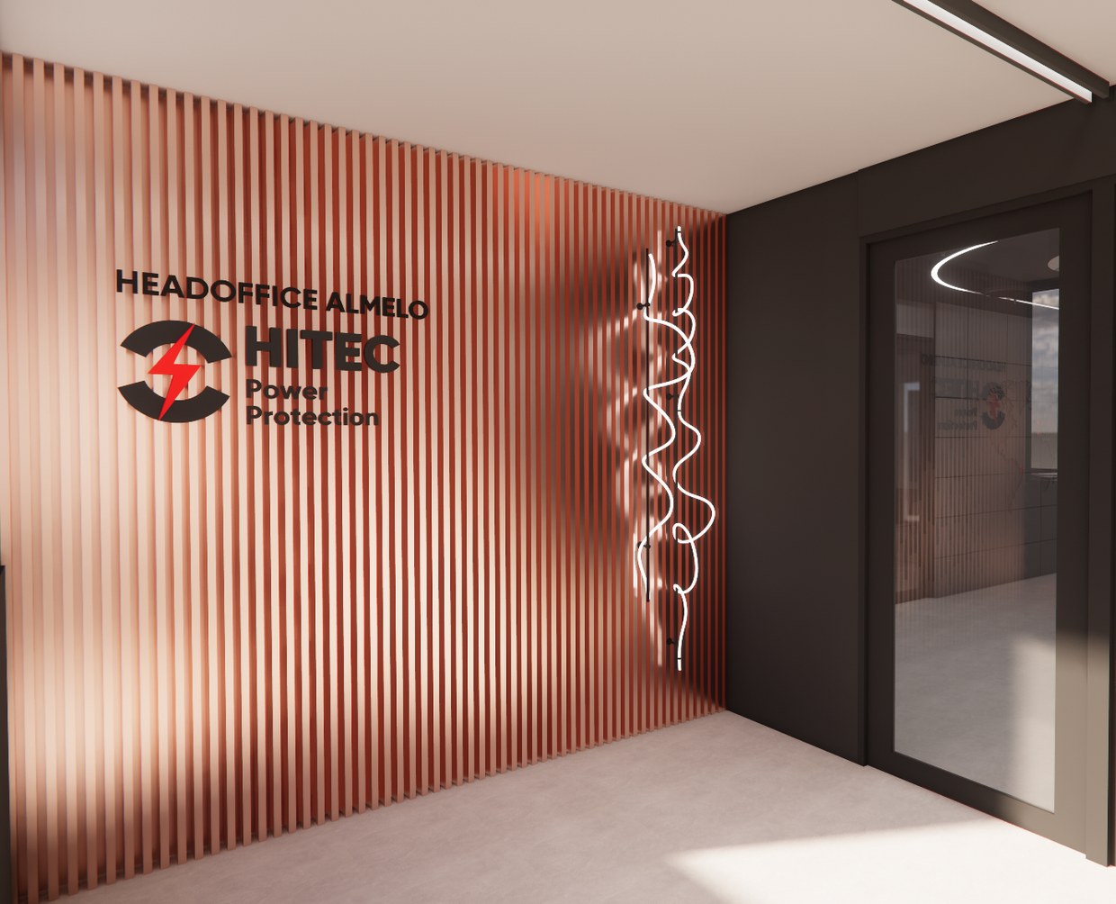 Verlichte lamellenwand met het HITEC-logo