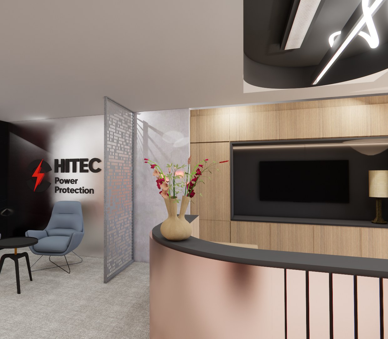 Ontvangstbalie met HITEC-logo en houten wandbekleding