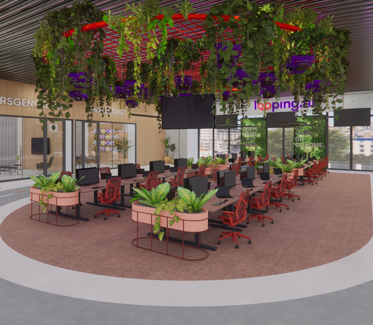 Werkplekken in een ovale opstelling met hangende beplanting